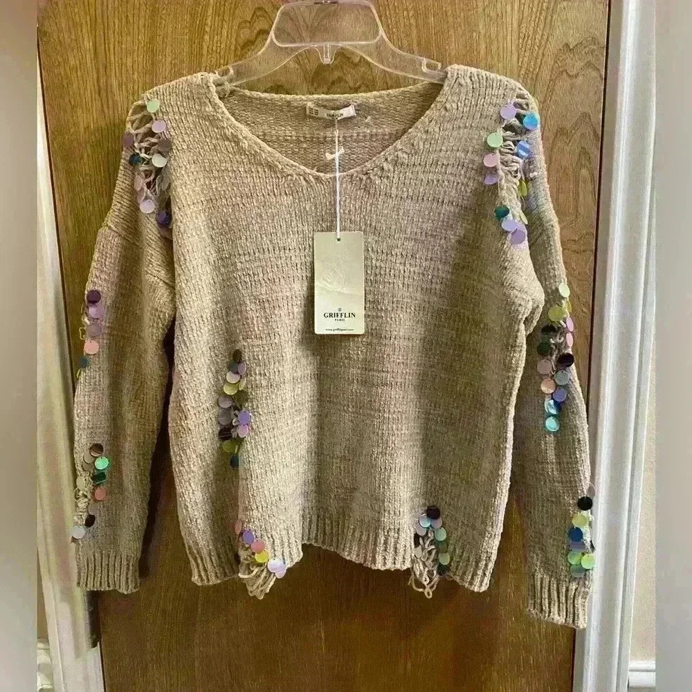 Grifflin Distressed Ripped Sweater with Multicolored Sequins Tan Size S/M Soft